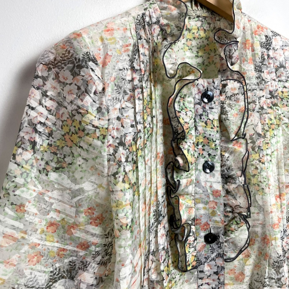 Sheer Floral Ruffle Blouse Button‎ Up Sz Large Cottage Romantic Feminine - Picture 2 of 9